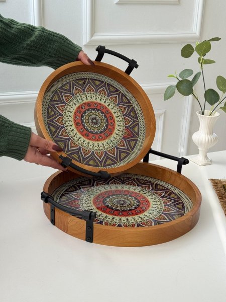 طقم صواني مغربي زجاج + خشب /2