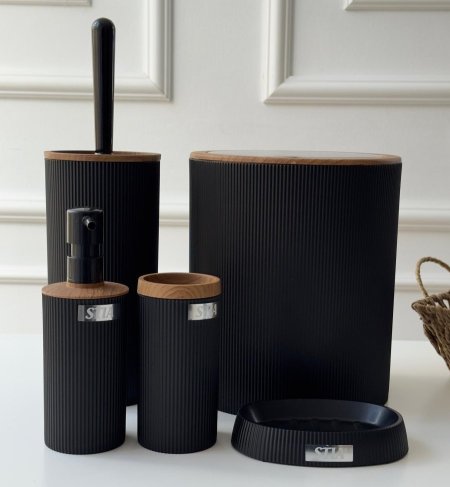 طقم حمام محزز مدور خشبي 5 قطع