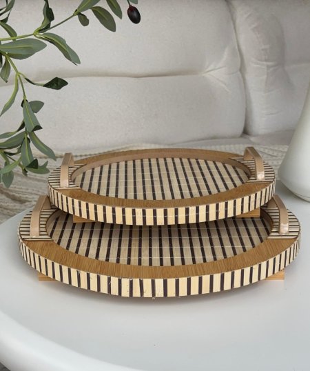 طقم صواني خشب مدور (34+29سم)