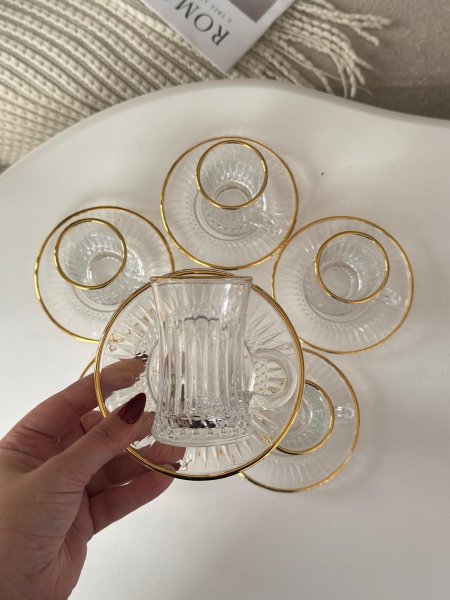 استكانه زجاج محزز حز مذهب 6+6