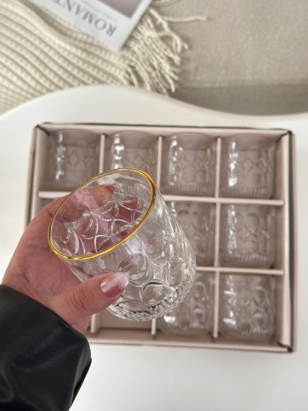 كاسات عصير / 12 مضلع حز ذهبي (290مل)