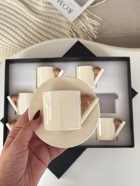 فناجين قهوه بورسلان يد ديكور بني 6+6