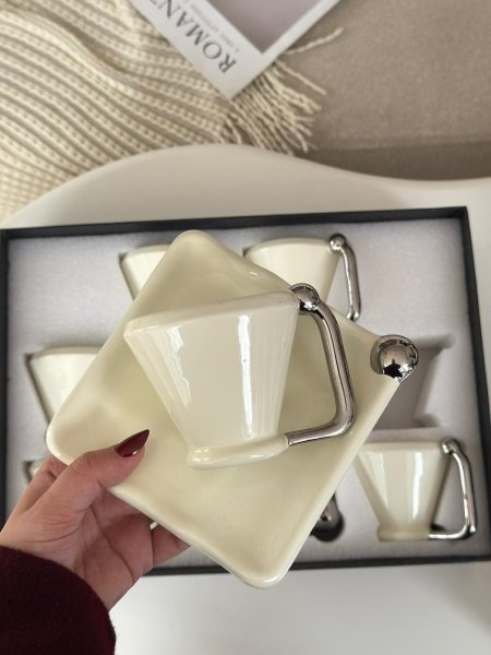 فناجين قهوه بورسلان يد ديكور فضي 6+6