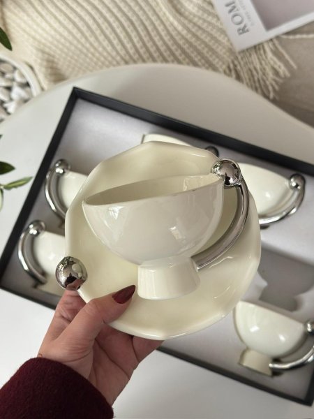 فناجين شاي بورسلان يد ديكور فضي 6+6