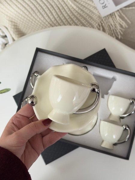 فناجين قهوه بورسلان يد ديكور فضي 6+6