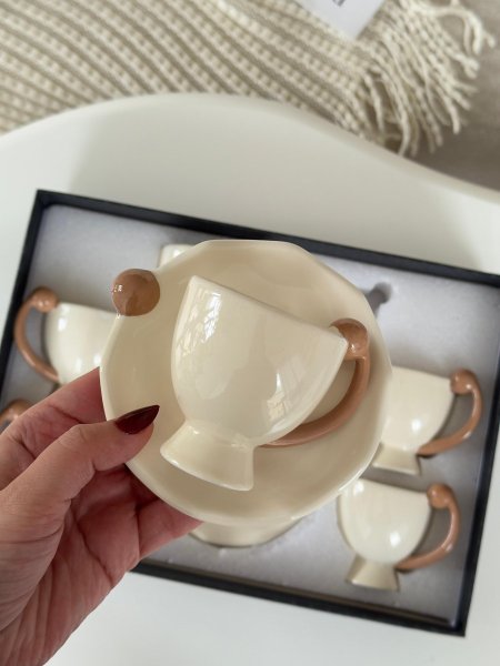 فناجين قهوه بورسلان يد ديكور بني 6+6