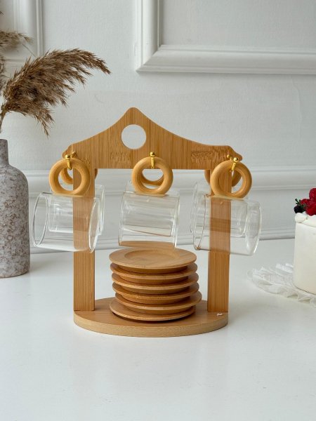 طقم 6 فناجين + 6 صحون + ستاند بامبو (22*23سم)