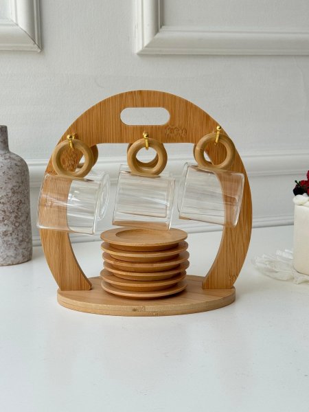 طقم 6 فناجين + 6 صحون + ستاند بامبو (23*22سم)