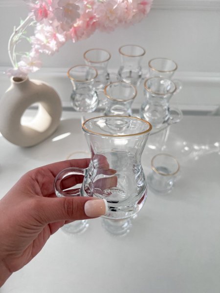 طقم/12كاسات شاي جره زجاج ملس حز مذهب