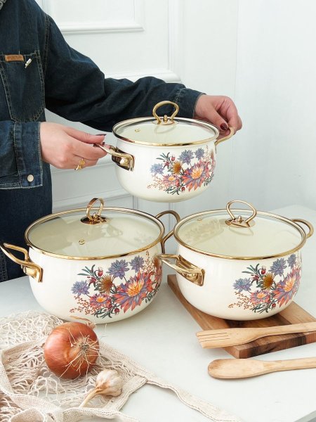 طقم طناجر توتيا/3 مورد يد ستانلس ذهبي