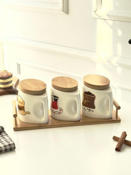 طقم سكريات بورسلان 3 قطع + قاعده بامبو